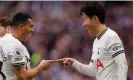  ?? ?? Son Heung-min celebrates scoring the third goal with Pedro Porro. Photograph: Andrew Couldridge/Action Images/Reuters