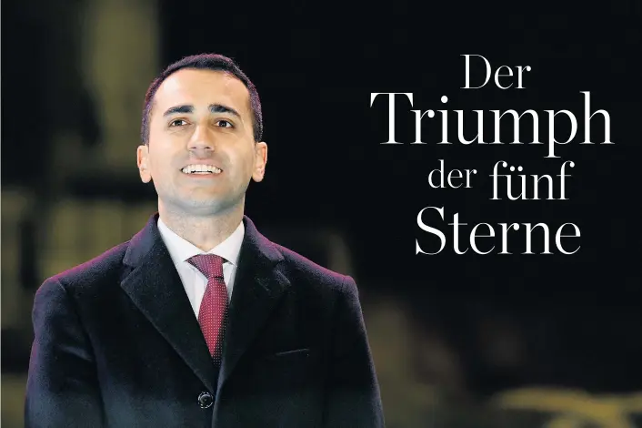  ??  ?? Luigi Di Maio, Chef der Fünf-Sterne-Bewegung, sprach am Montag von einem historisch­en Sieg. Die Suche nach einem Koalitions­partner könnte dennoch schwierig werden.