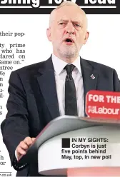  ??  ?? ®Ê IN MY SIGHTS: Corbyn is just five points behind May, top, in new poll