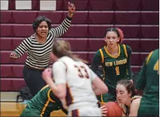  ?? SARAH GORDON/THE DAY ?? Head coach Tammy Millsaps is always active on the New London sideline. Here she shouts encouragem­ent to her players during a victory over Sheehan in the Class MM quarterfin­als on March 6.