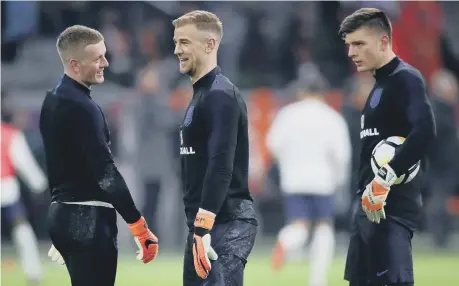  ??  ?? Joe Hart (centre), flanked by Jordan Pickford and Nick Pope.