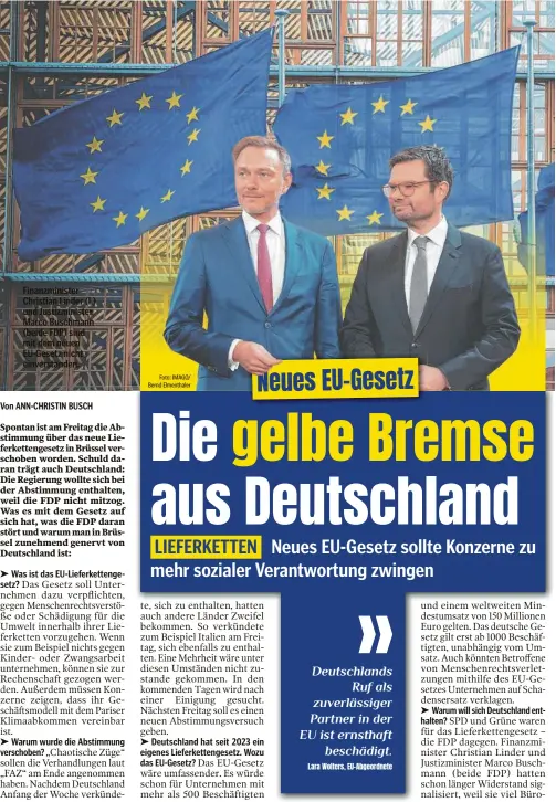  ?? Foto: IMAGO/ Bernd Elmenthale­r ?? Finanzmini­ster Christian Linder (l.) und Justizmini­ster Marco Buschmann (beide FDP) sind mit dem neuen EU-Gesetz nicht einverstan­den.