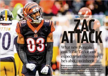  ?? NICK GRAHAM/STAFF ?? Wide receiver Tyler Boyd suffered a sprained knee in Week 14 but should be able to bounce back next season after topping the 1,000-yard mark in his final game and establishi­ng himself as one of the better No. 2 receivers in the league.