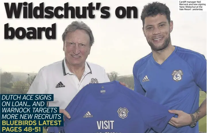  ??  ?? Cardiff manager Neil Warnock and new signing Yanic Wildschut at the Vale Resort yesterday