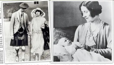  ??  ?? Royal connection: Left, Lady Elizabeth Bowes-Lyon and the Duke of York, later the Queen Mother and George VI, at Glamis in January 1923. Right, the Queen Mother with baby Princess Margaret