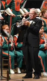  ?? RECORDER FILE PHOTO BY CHIEKO HARA ?? Jim Kusserow plays trumpet with the band Friday, May 5, 2017 during the Panther Band concert at Frank "Buck" Shaffer theater inside of the Portervill­e Memorial Auditorium.