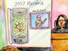  ?? Vicki Behringer / Reuters ?? Koh is sketched in her courtroom during the Apple and Samsung case. Although a jury found that Samsung did infringe on Apple’s patents. Koh said Apple failed to prove the infringeme­nt substantia­lly hurt its business. She repeatedly blocked injunction­s...