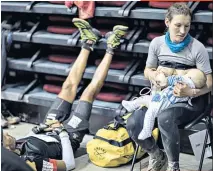 ??  ?? Picture that spoke to the world: Sophie Power breastfeed­ing Cormac 16 hours into the Ultratrail du Mont Blanc and (right) taking a break from training