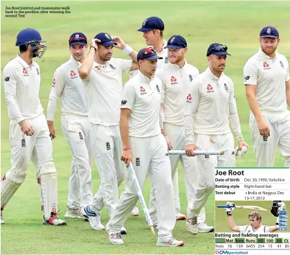  ??  ?? Joe Root (centre) and teammates walk back to the pavilion after winning the second Test