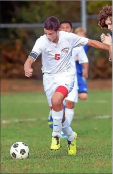  ?? Trentonian photo/ GREGG SLABODA ?? Lawrence’s Zach Weyand registered a hat trick Tuesday against Ewing. Lawrence won, 6-0.