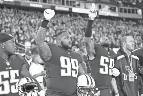  ??  ?? Titans defensive tackle Jurrell Casey (99) during the national anthem on Oct. 16, 2017, in Nashville. GEORGE WALKER IV/TENNESSEAN.COM