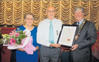  ??  ?? Alison and Stalky Law and then Tararua district mayor Roly Ellis at the presentati­on of a civic honour to Mr Law in Dannevirke in 2013 Photo/File.