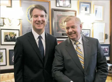  ?? Manuel Balce Ceneta/Associated Press ?? Supreme Court nominee Judge Brett Kavanaugh, left, stands with Sen. Lindsey Graham, R-S.C., before the start of their meeting Wednesday on Capitol Hill in Washington.