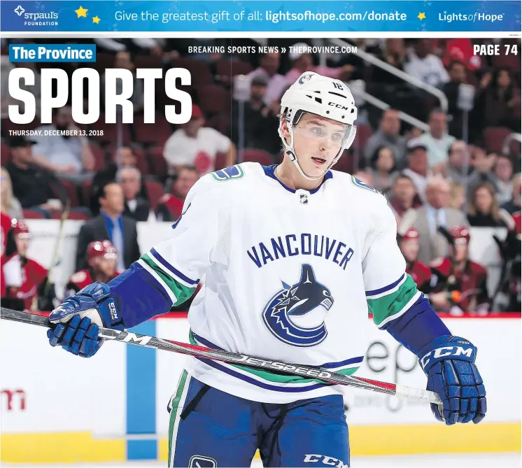  ?? — GETTY IMAGES FILES ?? Jake Virtanen of the Vancouver Canucks skates during an NHL game against the Arizona Coyotes on last October.