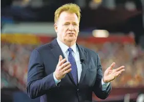  ?? CHARLIE RIEDEL AP ?? Commission­er Roger Goodell calls the expansion to 17 games a “monumental moment in NFL history” and a chance to “grow our game around the world.”