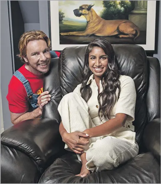  ?? Jay L. Clendenin Los Angeles Times ?? “ARMCHAIR Expert” Dax Shepard cedes his leather throne to co-host Monica Padman. Predating the podcast, the recliner was Shepard’s gift from wife Kristen Bell.