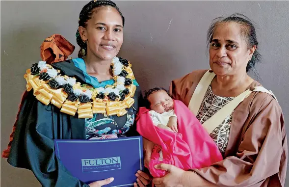  ?? Salote Qalubau ?? Fulton Adventist University College graduate Vasemeca Bogidrau, with her son Filimoni Savou and Primary Education Lecturer Akanisi Lanyon after the graduation ceremony at the Nadi campus in Sabeto on November 27, 2022. Photo: