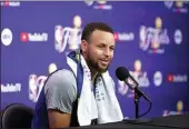  ?? JED JACOBSOHN / AP ?? The Warriors’ Stephen Curry speaks during practice in San Francisco on Wednesday. Golden State hosts the Celtics tonight in Game 1 of the NBA Finals.