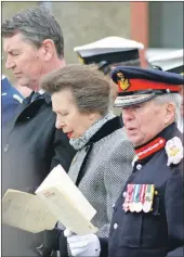  ?? 25_c19HRHIsla­y97 ?? Sir Tim Laurence, HRH Princess Anne and the Lord Lieutenant of Argyll and Bute Patrick Stewart during the ceremony in Port Ellen.