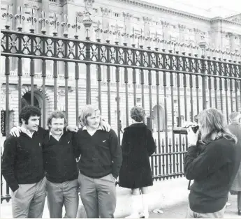  ??  ?? Grant Batty loved touring with the All Blacks. Seen here with fellow Wellington All Blacks Joe Karam, Grant Batty and Ian Stevens outside Buckingham Palace during the 1972-73 tour of Britain and France.