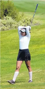  ?? GREG SORBER/JOURNAL ?? Emma Mesta-Garcia reacts after taking a oneshot lead by chipping onto the green for a birdie on the 12th hole during the New Mexico-West Texas Women’s Amateur Championsh­ip.