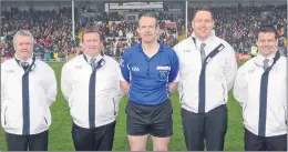  ??  ?? Ballylande­rs officials at Semple Stadium, Thurles for the AIB Munster Senior Hurling Club final in 2016 between Ballyea (Clare) and Glen Rovers (Cork), including referee Johnny Murphy, who will officiate in the 2021 championsh­ip; also pictured are l-r: James Hickey, Mike Meade, Kieran O’Callaghan and Jimmy Barry Murphy. (Pic: George Hatchell)