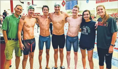  ?? Contribute­d ?? Three Rivers Swim Club head coach Brooks Coville (from left), swimmers Nathan Medley, Kenta Davis, Samson Mumber, AJ Williams, Viola Hasko and coach Jessie Cathcart pose for a photo at the University of Georgia last weekend for the 2019 Georgia Senior State Championsh­ips.
