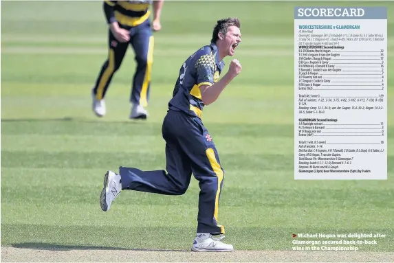  ??  ?? > Michael Hogan was delighted after Glamorgan secured back-to-back wins in the Championsh­ip