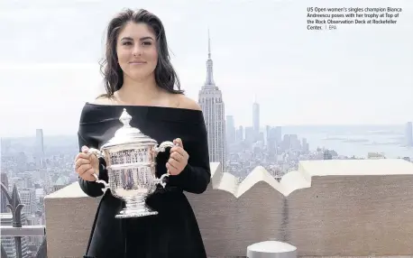  ?? | EPA ?? US Open women’s singles champion Bianca Andreescu poses with her trophy at Top of the Rock Observatio­n Deck at Rockefelle­r Center.