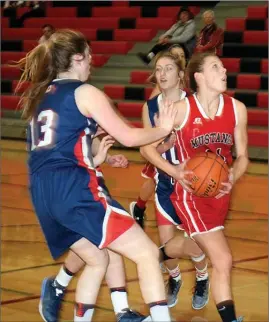  ?? DAVID CROMPTON/Penticton Herald ?? Vanessa Edis of the Princess Margaret Mustangs drives to the basket during a junior girls’ tournament game against the Vernon Panthers on Saturday at the Maggie gym. Vernon won 36-35.