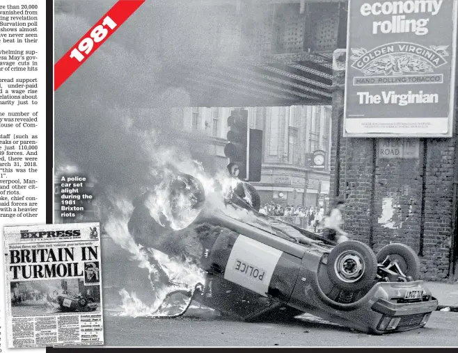  ?? Pictures: PA ?? A police car set alight during the 1981 Brixton riots