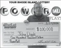 ?? Photo courtesy RI Lottery ?? John Diggle, of Smithfield, is pictured holding the $100,000 prize check from Wednesday’s drawing.