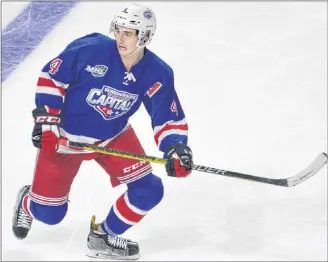  ?? JASON SIMMONDS/JOURNAL PIONEER ?? Defenceman Conor MacEachern in action with the Summerside Western Capitals during MHL (Maritime Junior Hockey League) action at Eastlink Arena. MacEachern, who is from Charlottet­own, has two goals and four assists for six points in six regular-season games since joining the Capitals in late September.