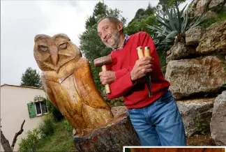  ?? (Photos Philippe Arnassan) ?? Robert Febvre,  ans, a sculpté dans le pin Corona, la chouette porte-bonheur qui veille à ce que le virus n’arrive pas domaine de la Sambre. Ici aux côtés de son épouse, Geneviève, il observe l’horizon s’éclaircir...