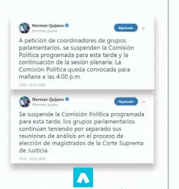  ??  ?? CANCELADAS. QUIJANO SUSPENDIÓ POR SEGUNDA VEZ LA CONVOCATOR­IA DE LA COMISIÓN POLÍTICA. AYER SE REALIZÓ LA SESIÓN PLENARIA QUE ESTABA ABIERTA DESDE EL VIERNES.