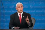 ?? JULIO CORTEZ — ASSOCIATED PRESS ?? Vice President Mike Pence makes a point during his debate with Democratic vice presidenti­al candidate Kamala Harris on Wednesday, Oct. 7, 2020, at the University of Utah in Salt Lake City.