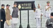  ?? AP ?? ■ Defence minister Rajnath Singh (third from left) during the commission­ing ceremony of INS Khanderi in Mumbai.