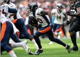  ?? AARON ONTIVEROZ — THE DENVER POST ?? Jerry Jeudy (10) of the Denver Broncos runs against the Jacksonvil­le Jaguars during the first quarter at Wembley Stadium in London on Sunday, October 30, 2022.