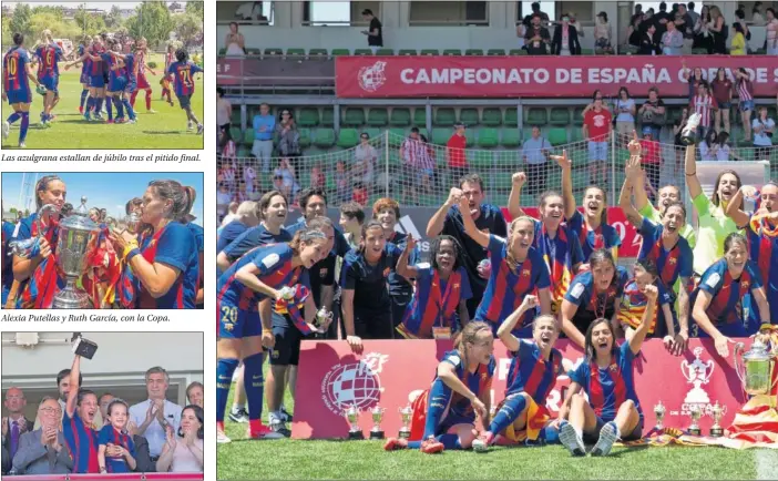  ??  ?? Alexia Putellas y Ruth García, con la Copa.
ALEGRÍA AZULGRANA. Las jugadoras del Barcelona posan exultantes en la Ciudad del Fútbol de Las Rozas con la Copa de la Reina y sus corre