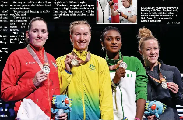  ?? GETTY IMAGES ?? SILVER LINING: Paige Murney in training with Team England and, below, far left, with her silver medal alongside the other 2018 Gold Coast Commonweal­th Games medallists