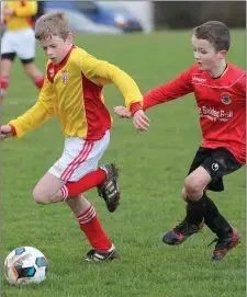  ??  ?? James Lawless (Moyne Rangers) tries to break away from Jamie Hudson (New Ross Celtic) in their Under-13 encounter.