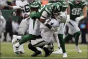  ?? ADAM HUNGER — THE ASSOCIATED PRESS ?? Jets strong safety Jamal Adams sacks Raiders quarterbac­k Derek Carr on Sunday in East Rutherford, N.J.