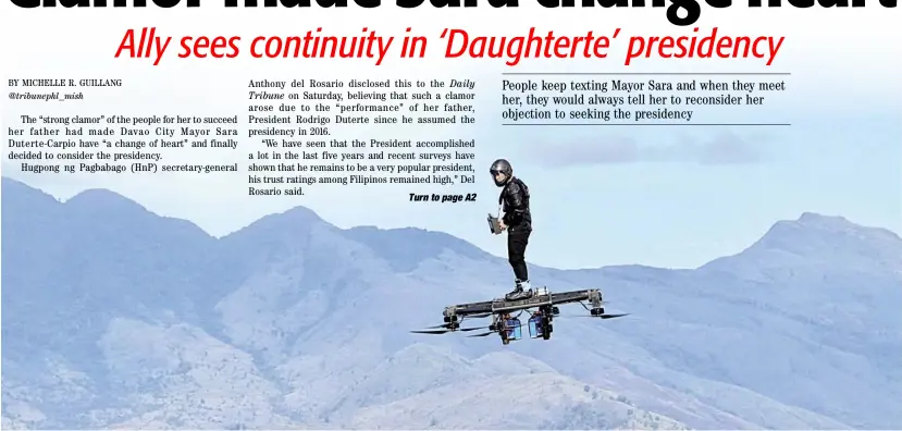  ?? PHOTOGRAPH COURTESY OF SBMA ?? Defying gravity In another test of inventiven­ess, Filipino drone and flying car enthusiast Kyxz Mendiola flies his hoverboard on Saturday, 10 July, at the Subic Bay Freeport Zone in an attempt to break the world record for manned hoverboard flight. The ‘amateur engineer’ is credited for inventing the ‘world’s first flying car’ in September 2018.