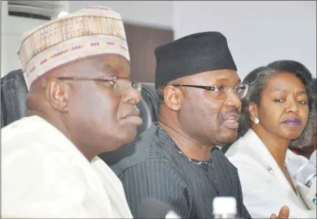  ?? Julius Atoi ?? L-R: National Commission­er, Independen­t National Electoral Commission (INEC) , Prince Adedeji Soyebi; Chairman, INEC, Prof. Mahmood Yakubu; and National Commission­er, May Agbamuche-Mbu, at press briefing on the release of the timetable and schedule of...