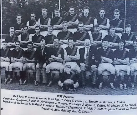  ?? ?? Champions: Keith Hartin (second from left, top row) was in Kyabram’s flag-winning side of 1958.