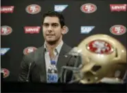  ?? THE ASSOCIATED PRESS ?? San Francisco 49ers quarterbac­k Jimmy Garoppolo during a press conference Friday, Feb. 9, 2018, in Santa Clara, Calif. Garoppolo signed a five-year contract with the 49ers worth a record-breaking $137.5million.