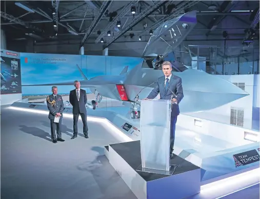  ??  ?? REVEAL: Defence Secretary Gavin Williamson speaking at the unveiling of the Tempest prototype at the Farnboroug­h Internatio­nal Airshow