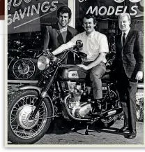  ??  ?? The first Rocket 3 sold in Los Angeles, in February 1969, to actor Dick Smothers. He’s flanked by dealer Pete Joseph (left) and BSA’s Jeff Hope.