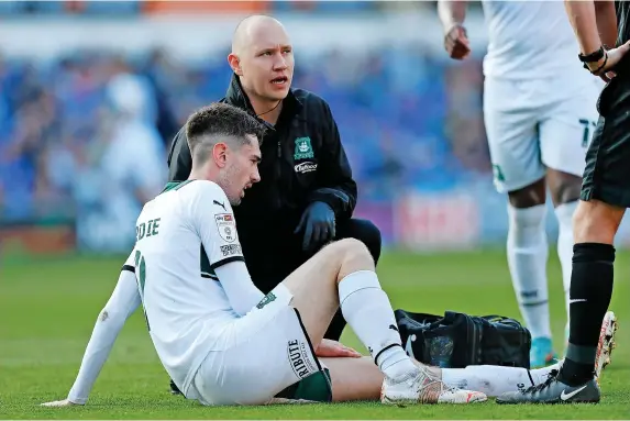  ?? Dave Rowntree/PPAUK ?? Striker Ryan Hardie is injured during the League One match between Ipswich Town and Plymouth Argyle last week at Portman Road