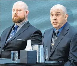  ?? ANDREW VAUGHAN • THE CANADIAN PRESS ?? RCMP Const. Terry Brown, left, and Const. Dave Melanson field questions at the Mass Casualty Commission inquiry into the mass murders in rural Nova Scotia on April 18/19, 2020, in Dartmouth, N.S., on May 5. Gabriel Wortman, dressed as an RCMP officer and driving a replica police cruiser, murdered 22 people.